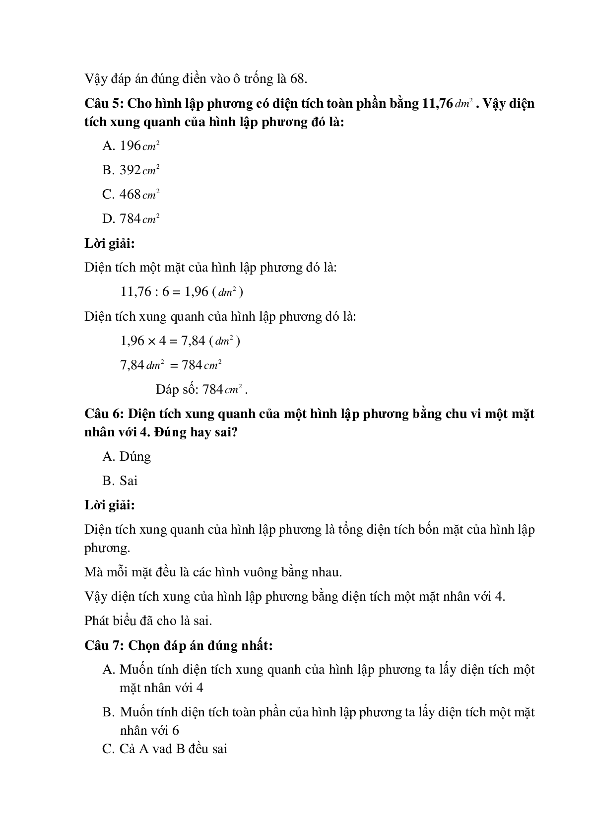 15 câu Trắc nghiệm Diện tích xung quanh, toàn phần của hình lập phương có đáp án 2023 – Toán lớp 5 (trang 3)