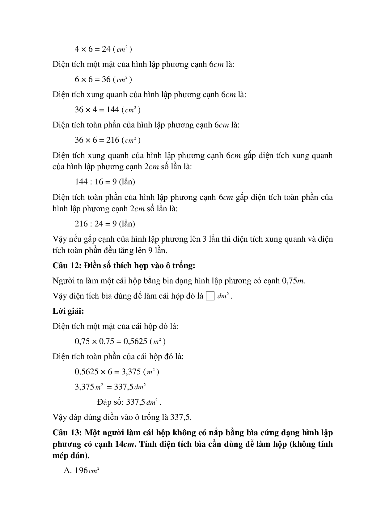 15 câu Trắc nghiệm Diện tích xung quanh, toàn phần của hình lập phương có đáp án 2023 – Toán lớp 5 (trang 6)