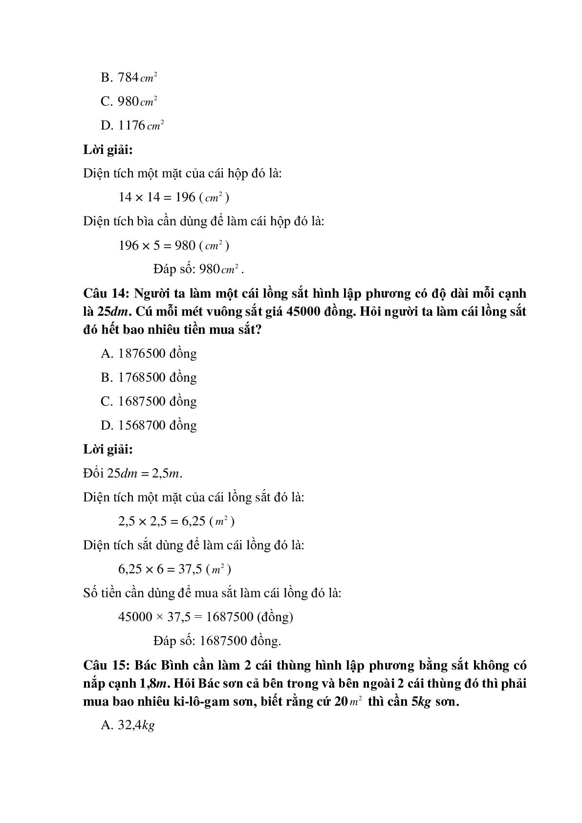 15 câu Trắc nghiệm Diện tích xung quanh, toàn phần của hình lập phương có đáp án 2023 – Toán lớp 5 (trang 7)