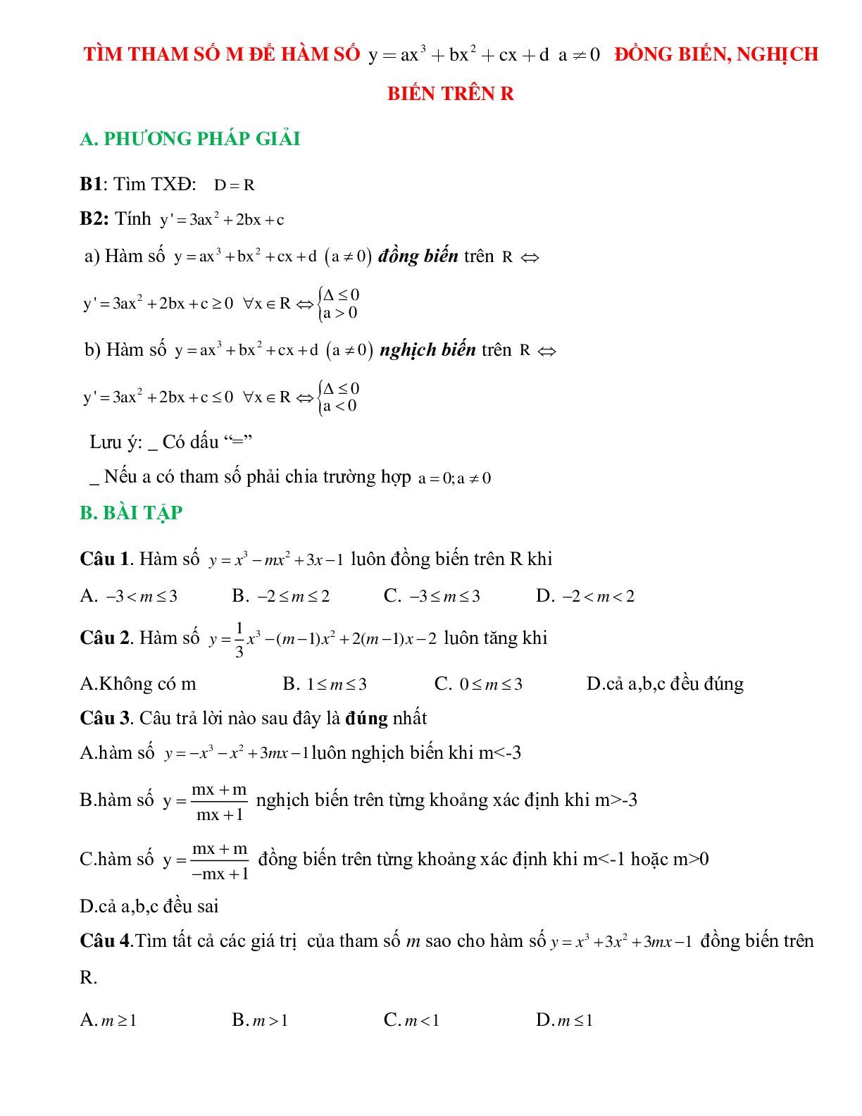 Tìm tham số M để hàm số bậc ba đồng biến, nghịch biến trên R (trang 1)
