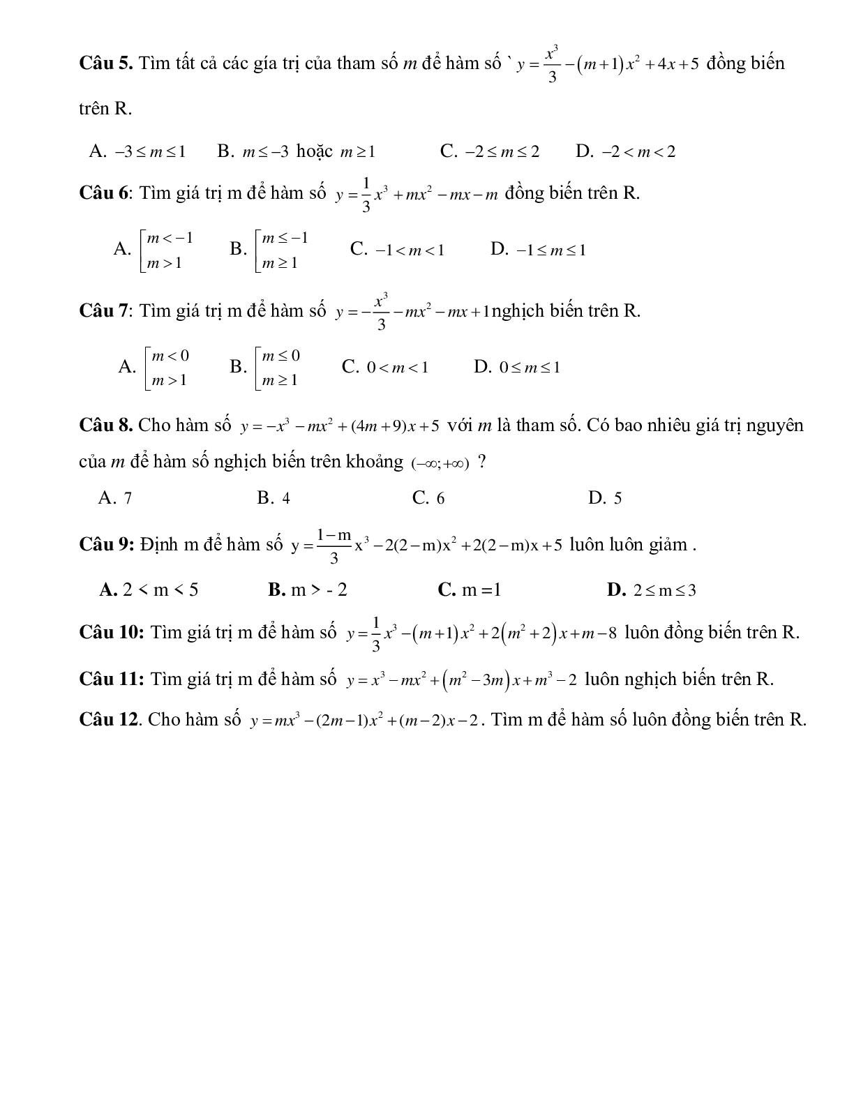 Tìm tham số M để hàm số bậc ba đồng biến, nghịch biến trên R (trang 2)