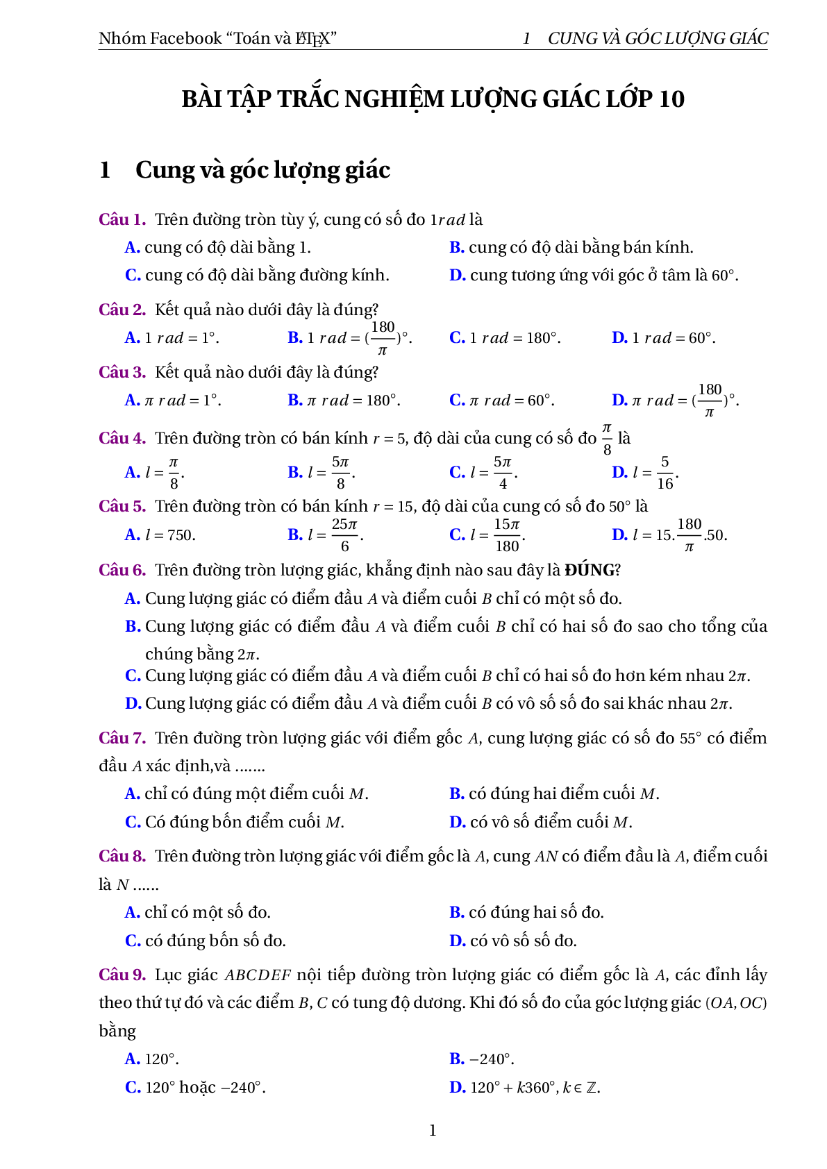 315 bài tập trắc nghiệm cung và góc lượng giác, công thức lượng giác (trang 3)