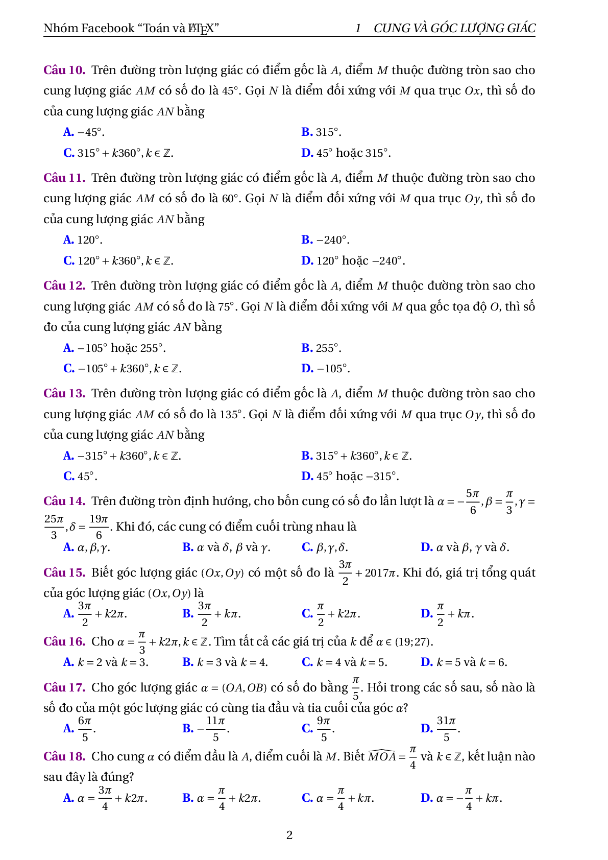 315 bài tập trắc nghiệm cung và góc lượng giác, công thức lượng giác (trang 4)