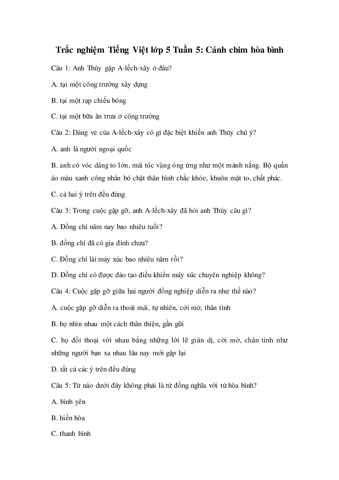 Trắc nghiệm Tiếng Việt lớp 5: Tuần 5 có đáp án (trang 1)