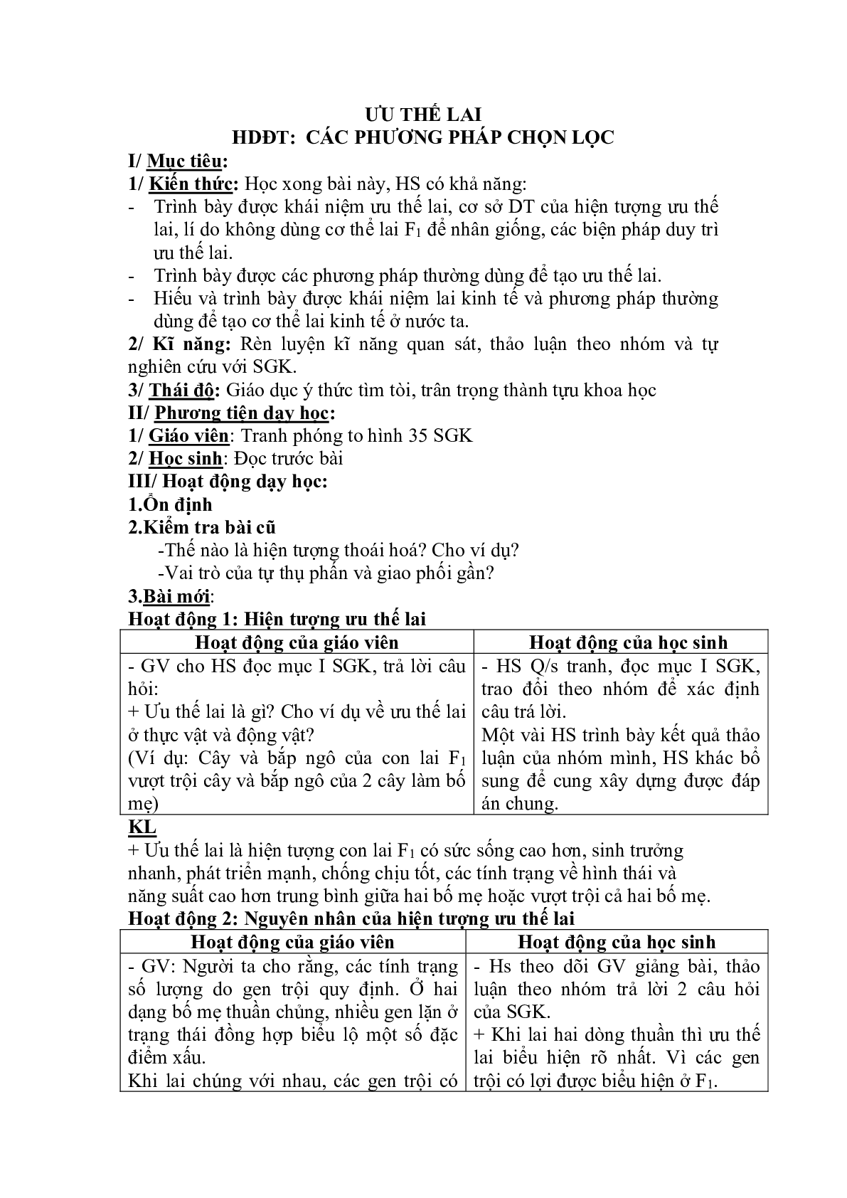 Giáo án Sinh học 9 Bài 35: Ưu thế lai mới, chuẩn nhất (trang 1)