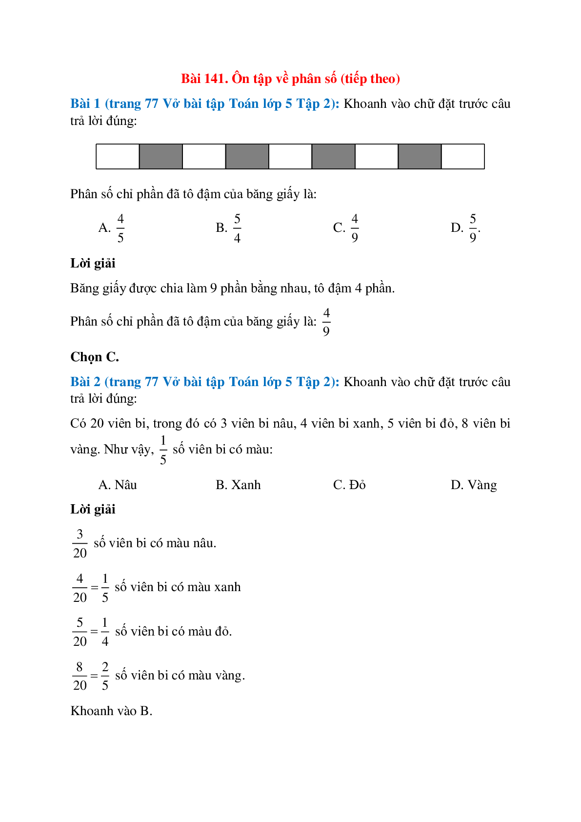 Vở bài tập Toán lớp 5 Tập 2 trang 77, 78 Bài 141: Ôn tập về phân số (tiếp theo) (trang 1)
