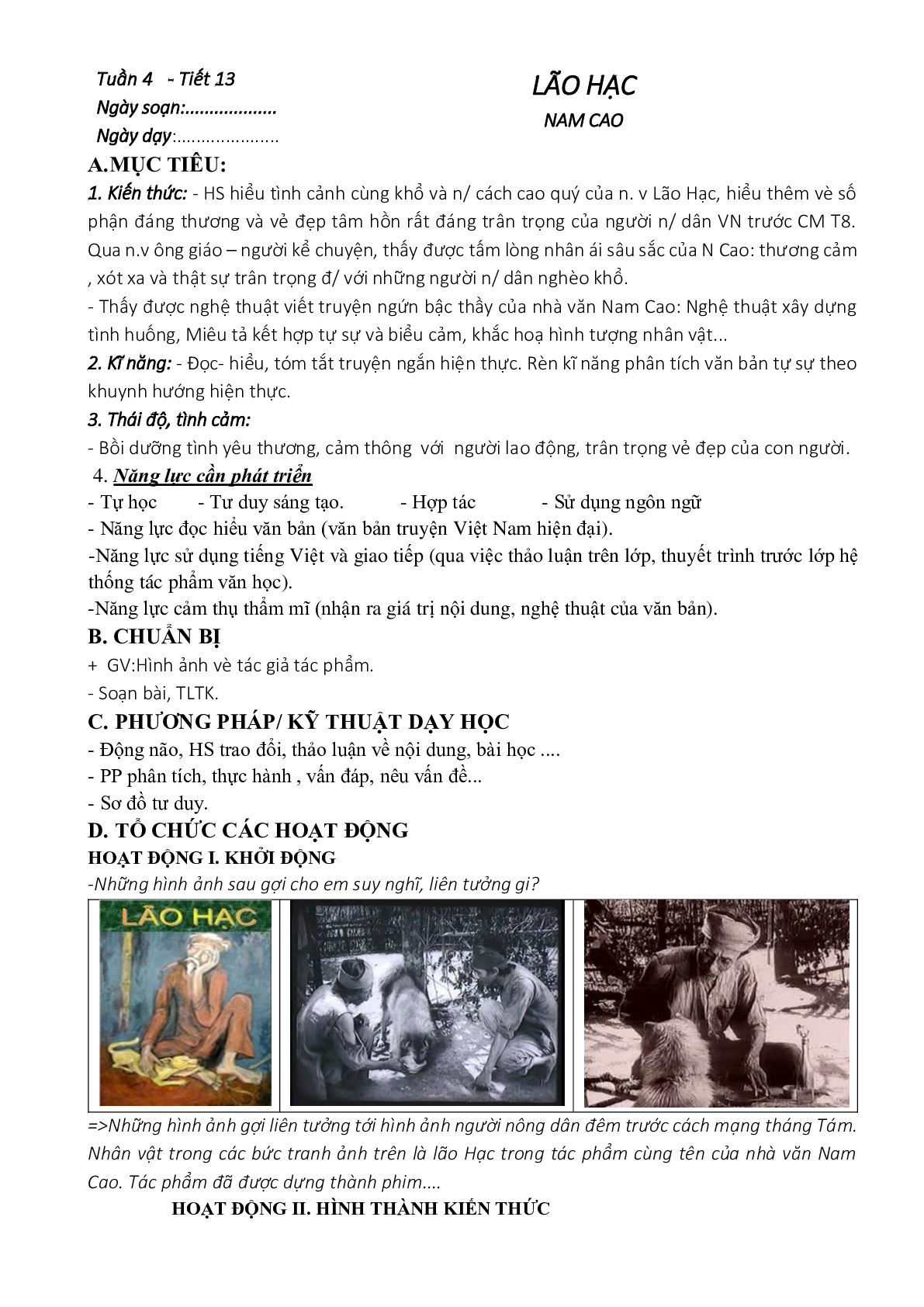 Giáo án ngữ văn lớp 8 Tuần 4 Tiết 13: Lão Hạc mới nhất (trang 1)