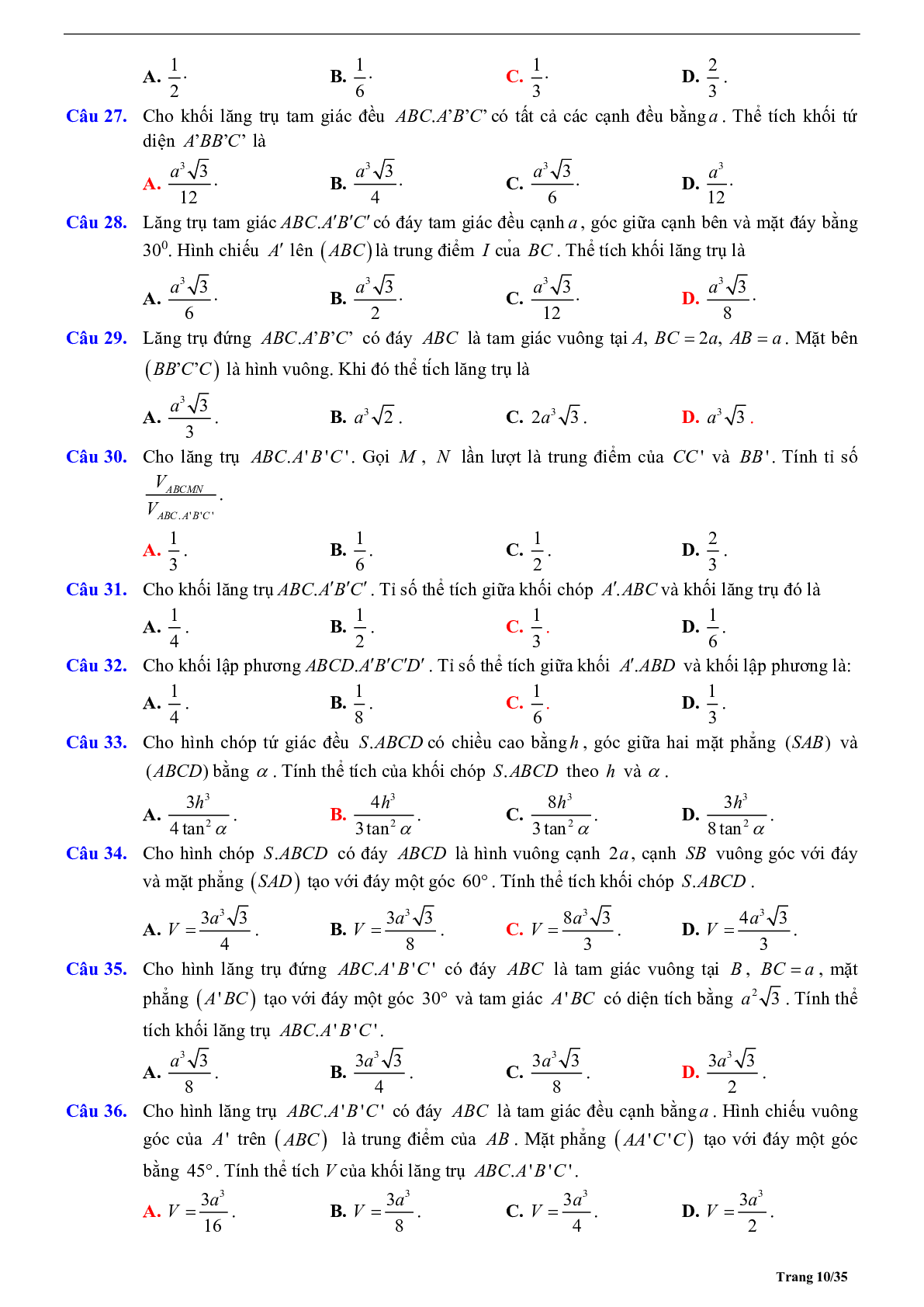 Tóm tắt lý thuyết và bài tập trắc nghiệm khối đa diện và thể tích khối đa diện (trang 10)