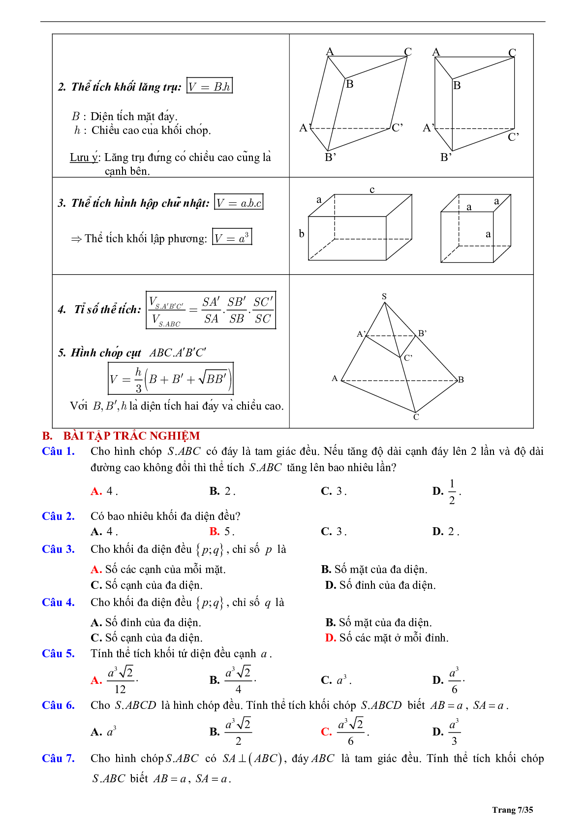 Tóm tắt lý thuyết và bài tập trắc nghiệm khối đa diện và thể tích khối đa diện (trang 7)