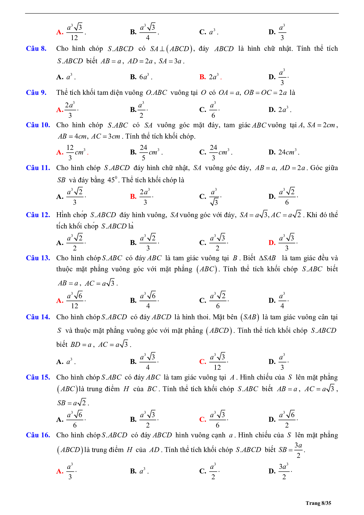 Tóm tắt lý thuyết và bài tập trắc nghiệm khối đa diện và thể tích khối đa diện (trang 8)