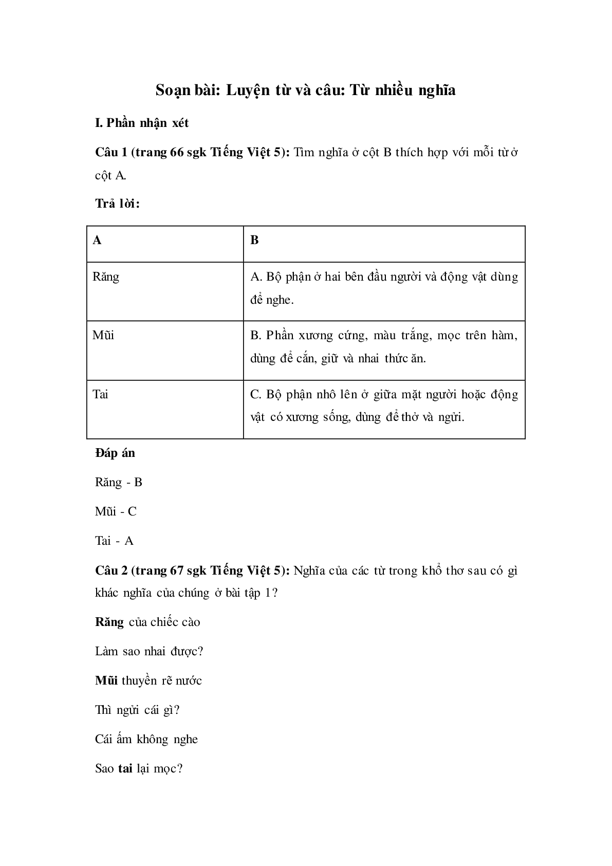 Soạn Tiếng Việt lớp 5: Luyện từ và câu; Từ nhiều nghĩa mới nhất (trang 1)