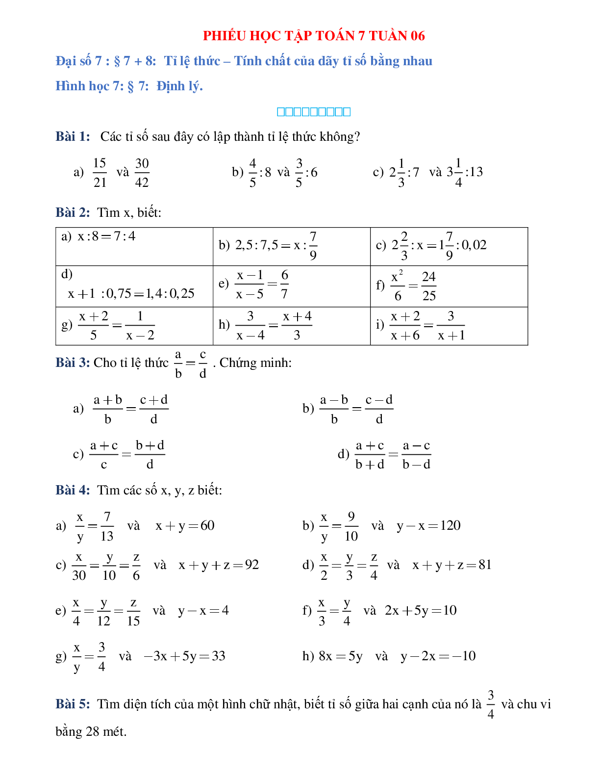 Phiếu bài tập tuần 6 - Toán 7 (trang 1)
