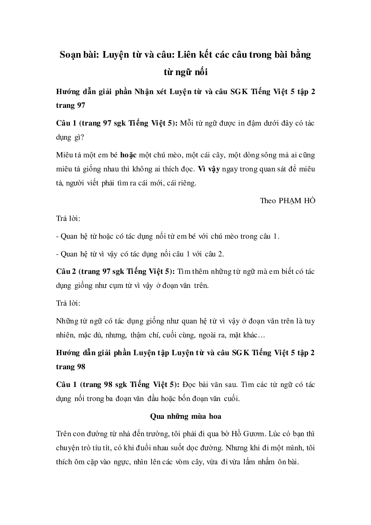 Soạn Tiếng Việt lớp 5: Luyện từ và câu: Liên kết các câu trong bài bằng từ ngữ nối mới nhất (trang 1)