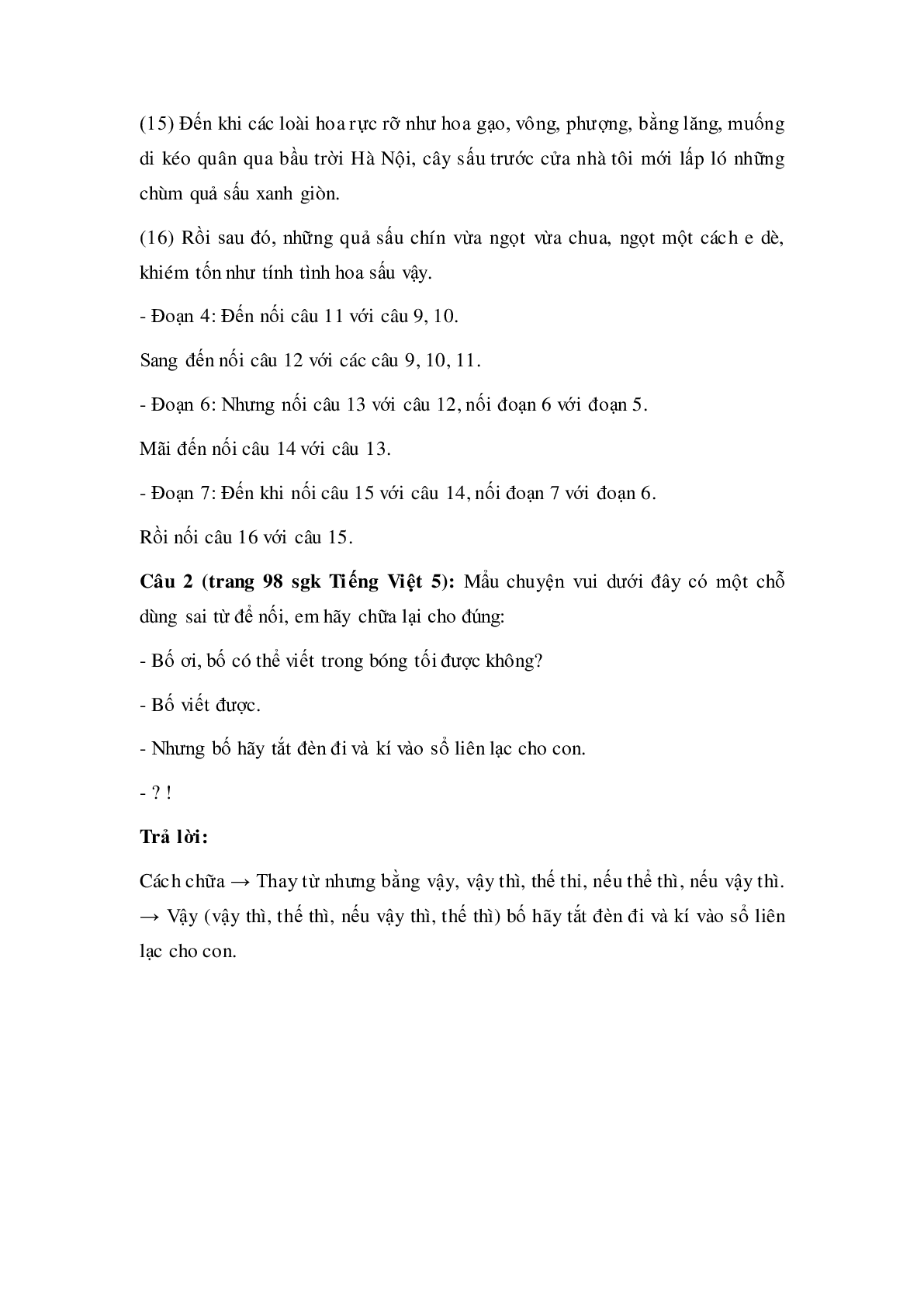Soạn Tiếng Việt lớp 5: Luyện từ và câu: Liên kết các câu trong bài bằng từ ngữ nối mới nhất (trang 4)