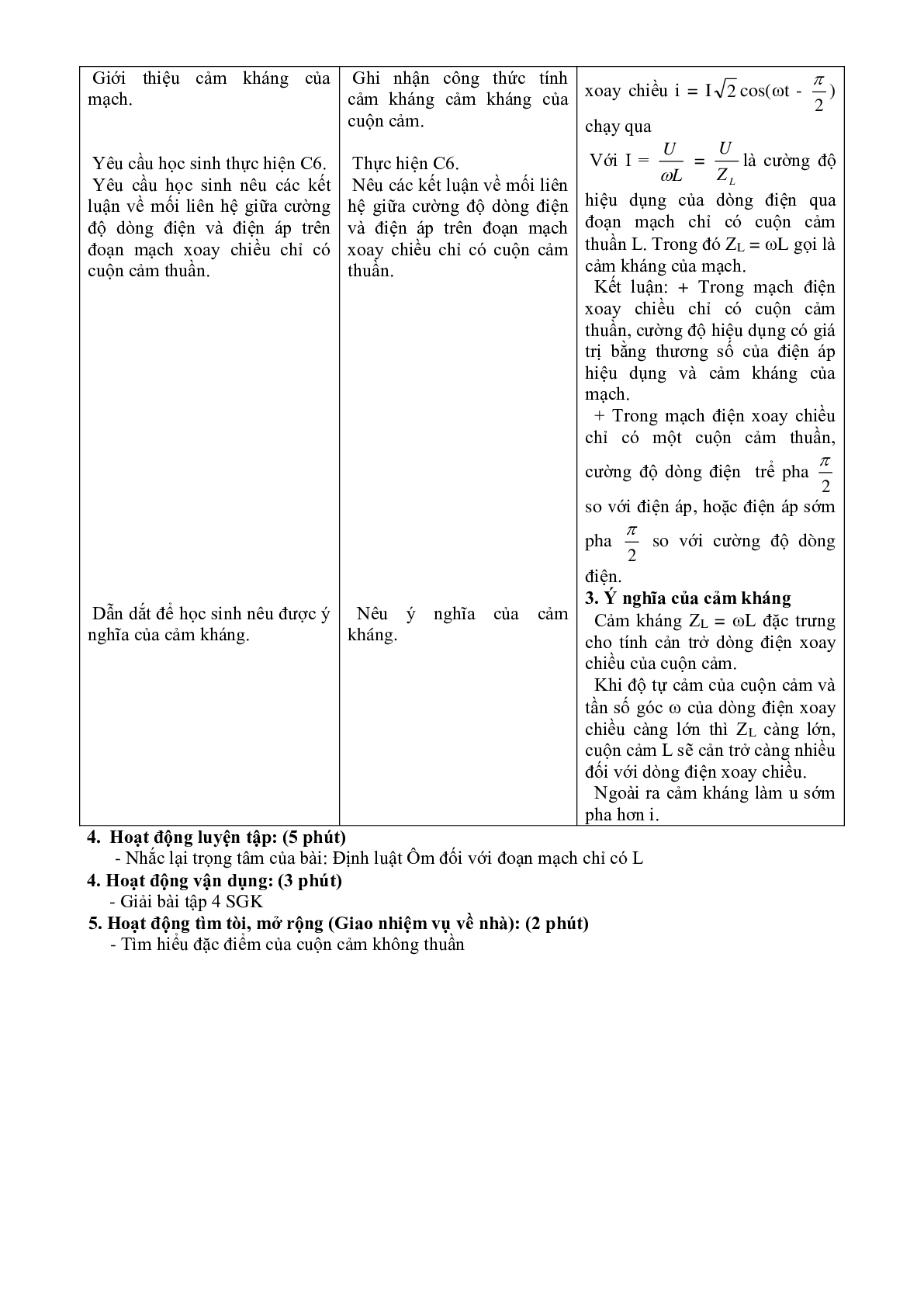 Giáo án Vật Lí 12 Bài 13 CÁC MẠCH ĐIỆN XOAY CHIỀU mới nhất (trang 5)