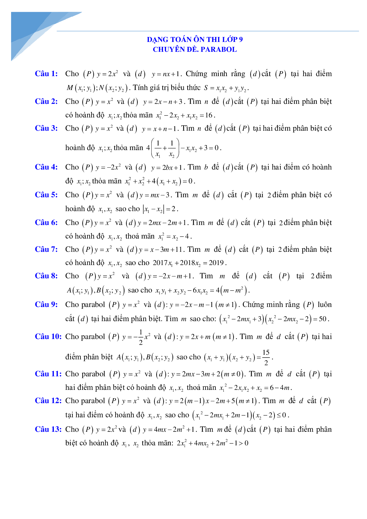 Chuyên đề Parabol luyện thi vào lớp 10 môn toán (trang 1)