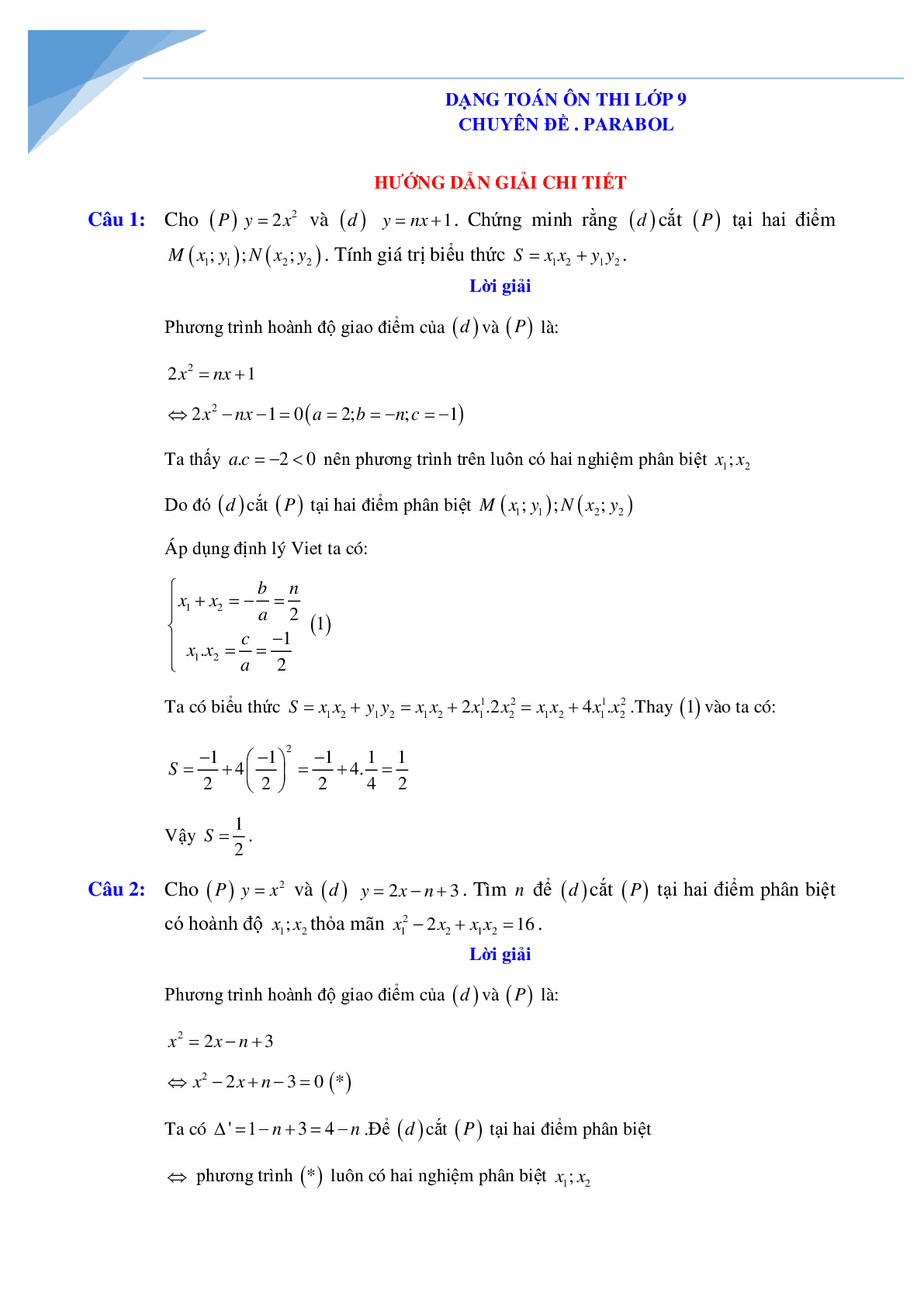 Chuyên đề Parabol luyện thi vào lớp 10 môn toán (trang 3)