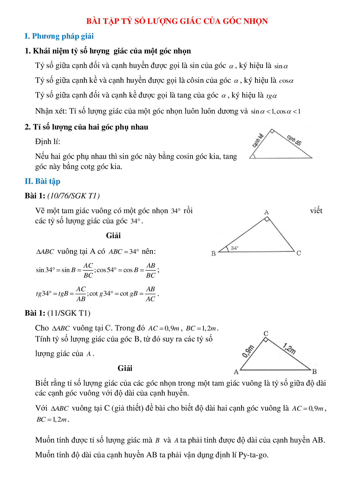 50 Bài tập Tỷ số lượng giác của góc nhọn (có đáp án)- Toán 9 (trang 1)