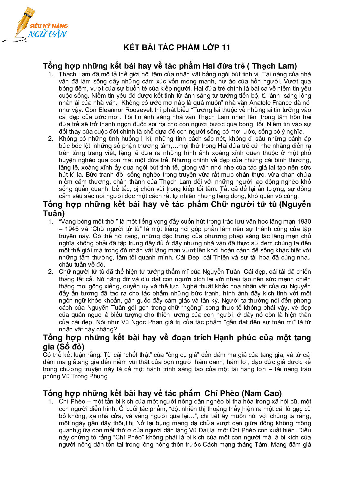 TỔNG HỢP CÁC KẾT BÀI TÁC PHẨM NGỮ VĂN LỚP 11 (trang 1)