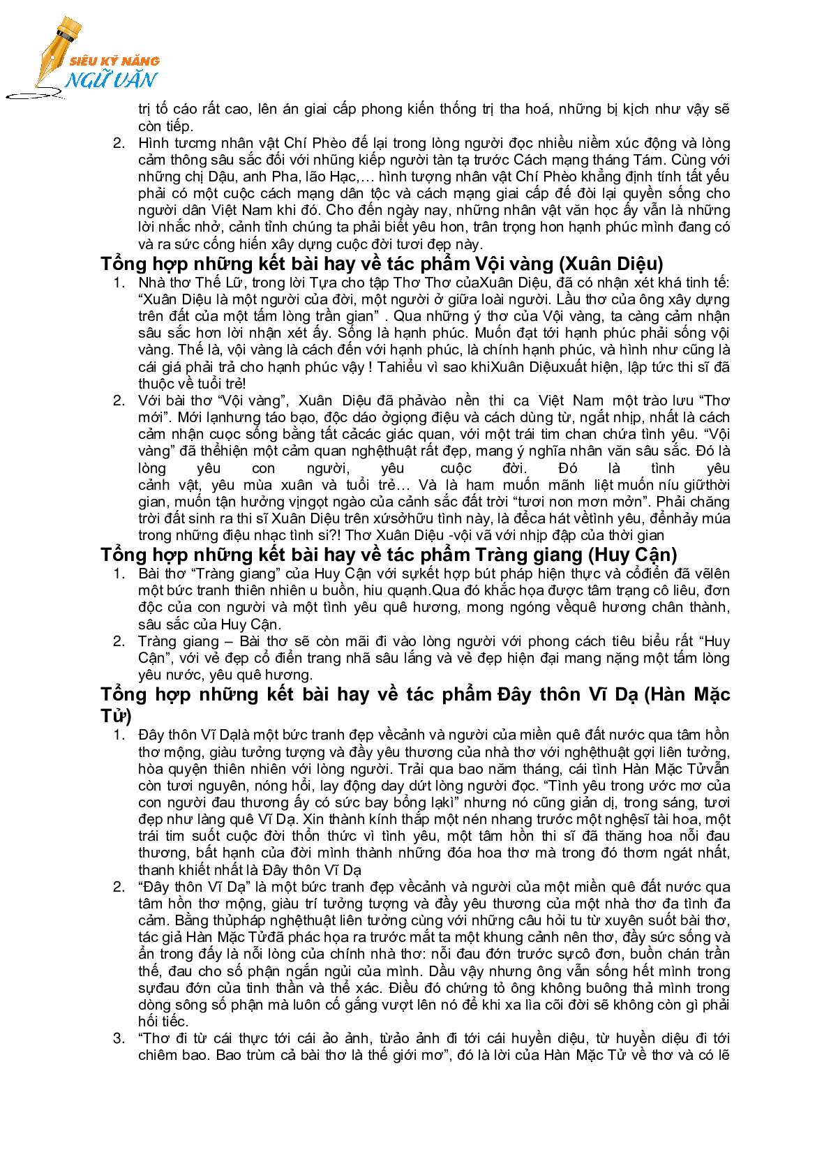 TỔNG HỢP CÁC KẾT BÀI TÁC PHẨM NGỮ VĂN LỚP 11 (trang 2)