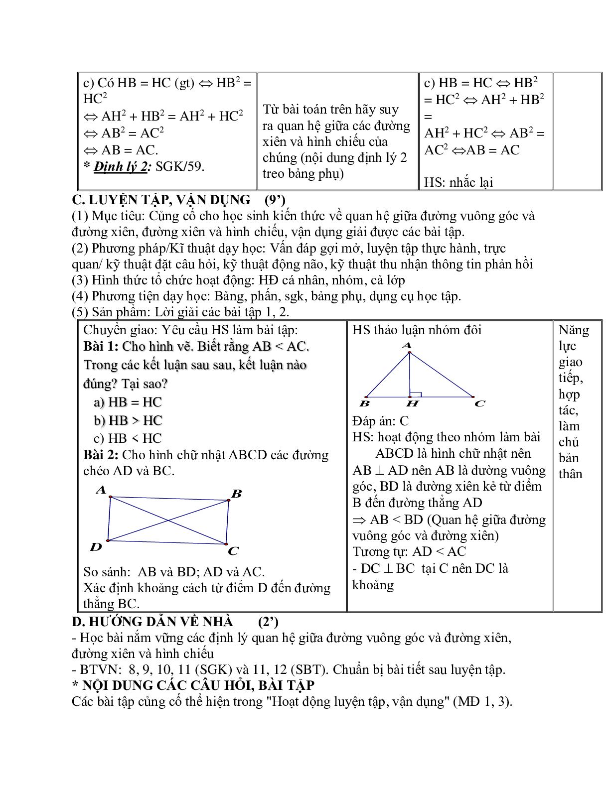 Giáo án Toán học 7 bài 2: Quan hệ giữa đường vuông góc và đường xiên, đường xiên và hình chiếu hay nhất (trang 5)