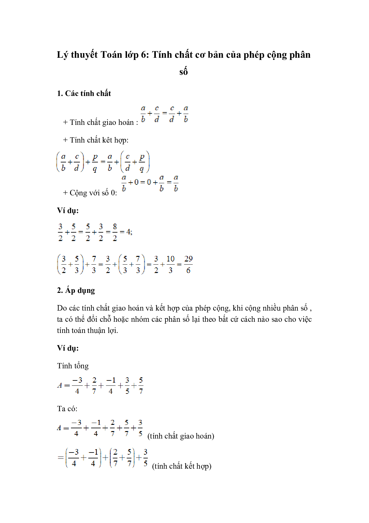 Lý thuyết Toán lớp 6: Tính chất cơ bản của phép cộng phân số (trang 1)