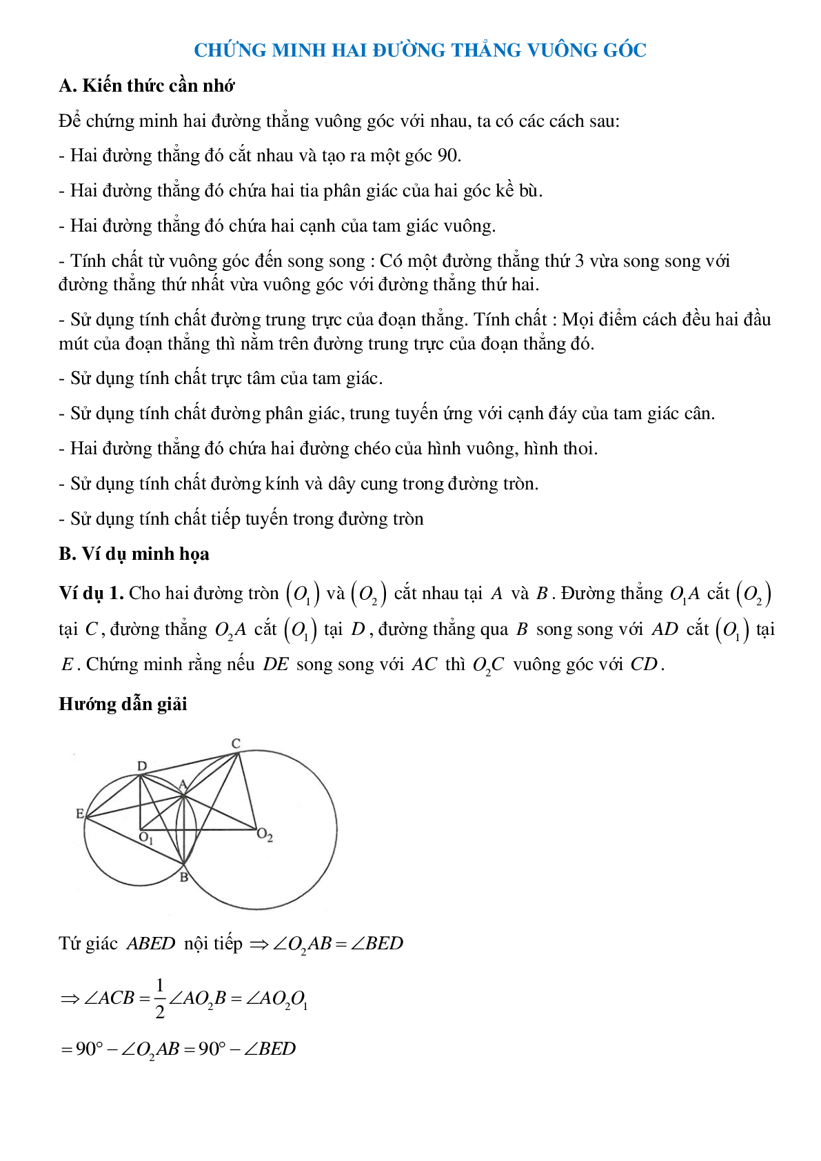 Tuyển chọn bài tập chứng minh hai đường thẳng vuông góc - Ôn thi vào 10 (trang 1)