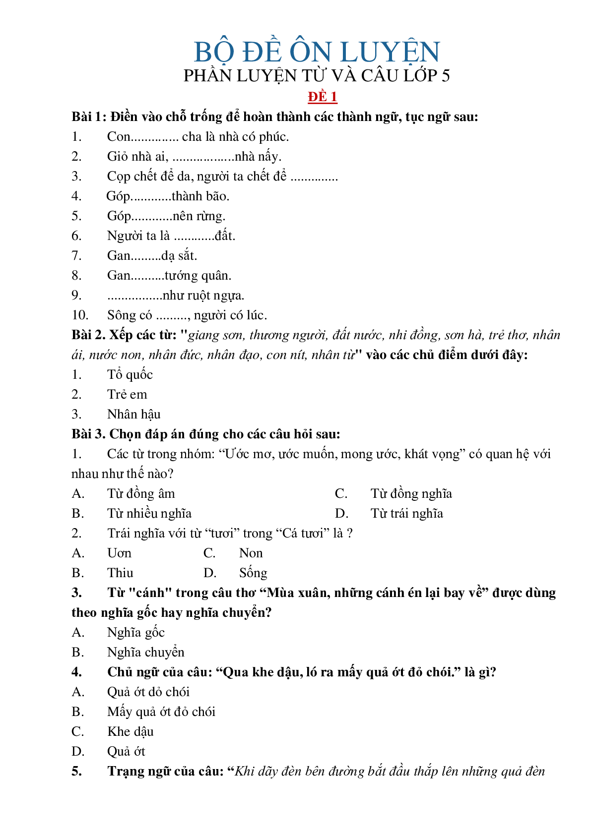 Bộ đề ôn luyện phần luyện từ và câu lớp 5 môn Tiếng Việt có đáp án (5 đề) (trang 1)