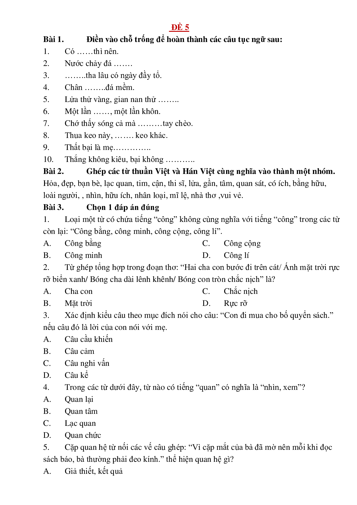 Bộ đề ôn luyện phần luyện từ và câu lớp 5 môn Tiếng Việt có đáp án (5 đề) (trang 8)