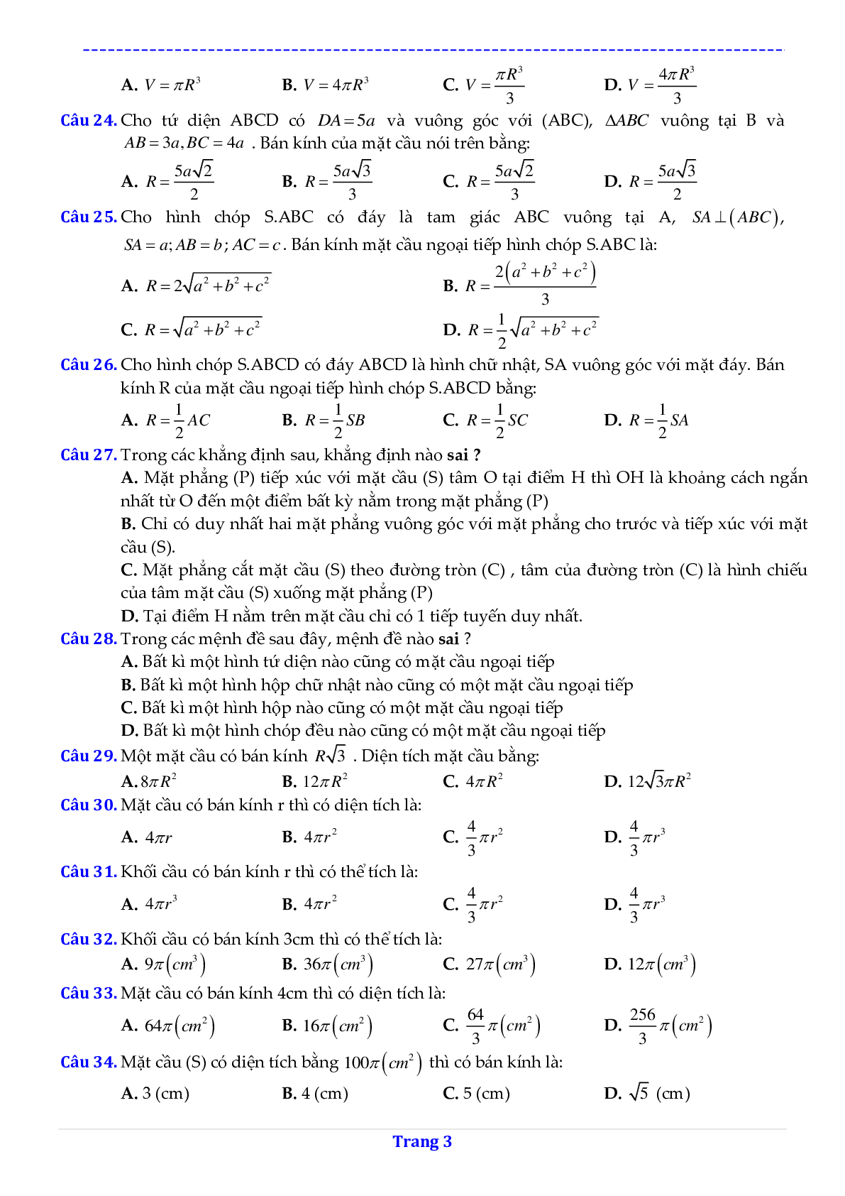 30 câu Trắc nghiệm Mặt cầu có đáp án 2023 – Toán 12 (trang 3)