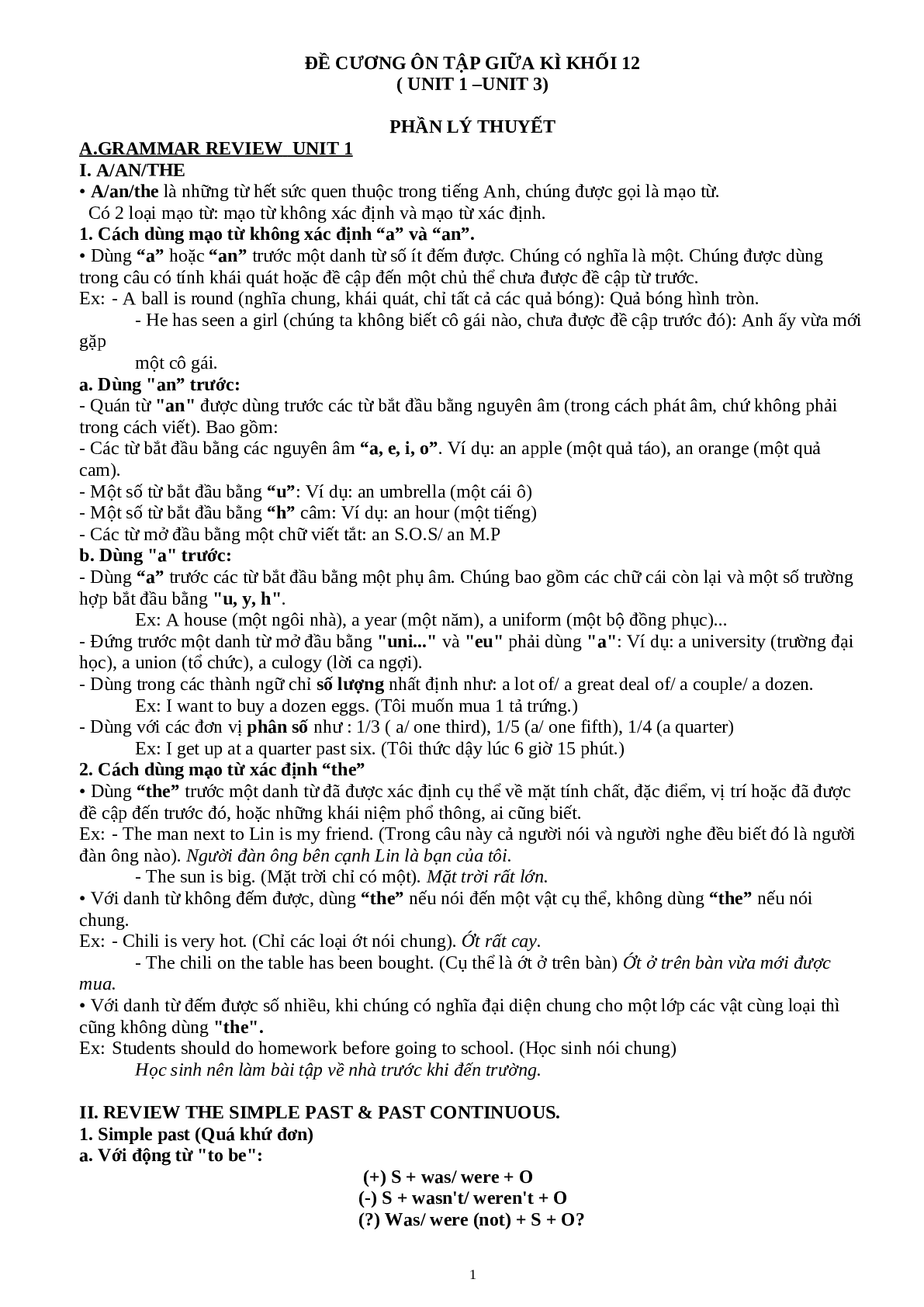 Đề cương ôn giữa kì 1 Tiếng Anh 12 (trang 1)