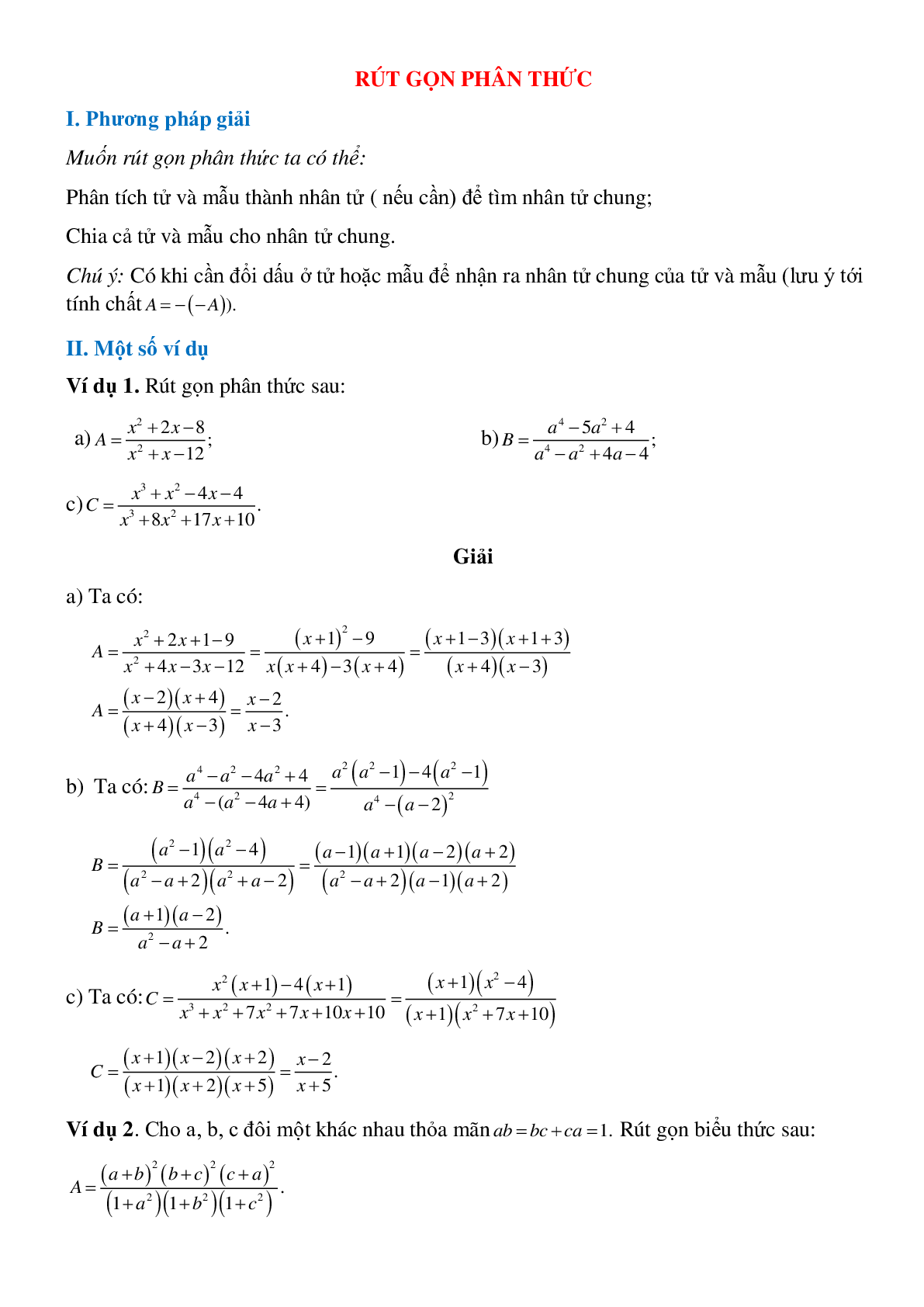 Rút gọn phân thức và phương pháp giải (trang 1)