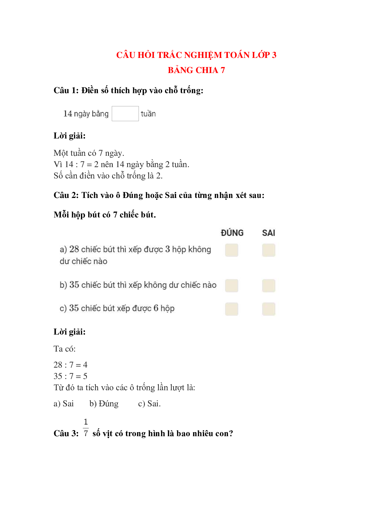 Trắc nghiệm Bảng chia 7 có đáp án – Toán lớp 3 (trang 1)