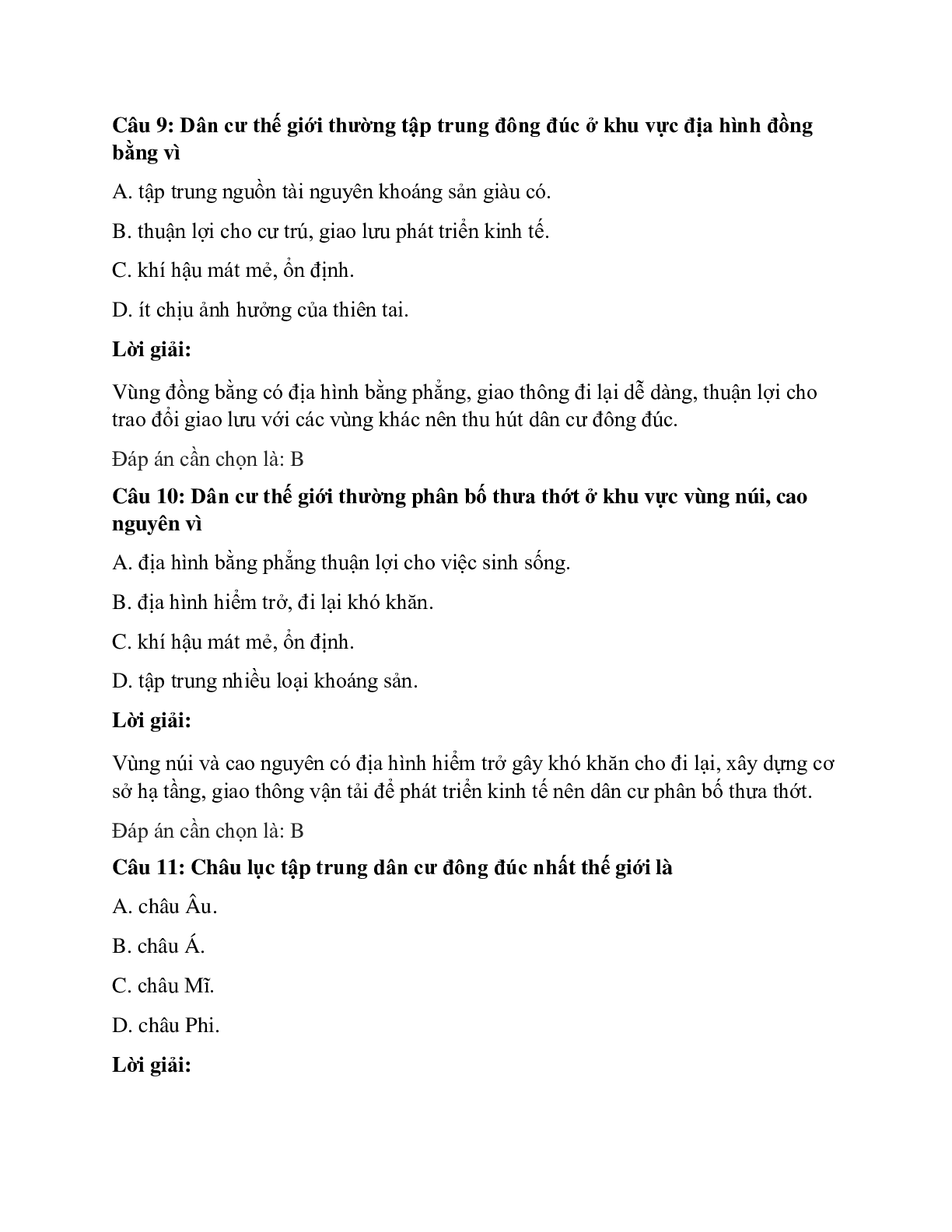 Trắc nghiệm Địa lí 7 Bài 2 có đáp án: Sự phân bổ dân cư. Các chủng tộc trên thế giới (trang 4)