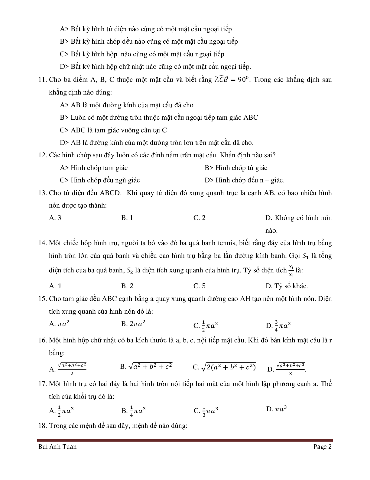 38 Bài tập trắc nghiệm chương 2 hình học môn Toán lớp 12 có đáp án 2023 (trang 2)