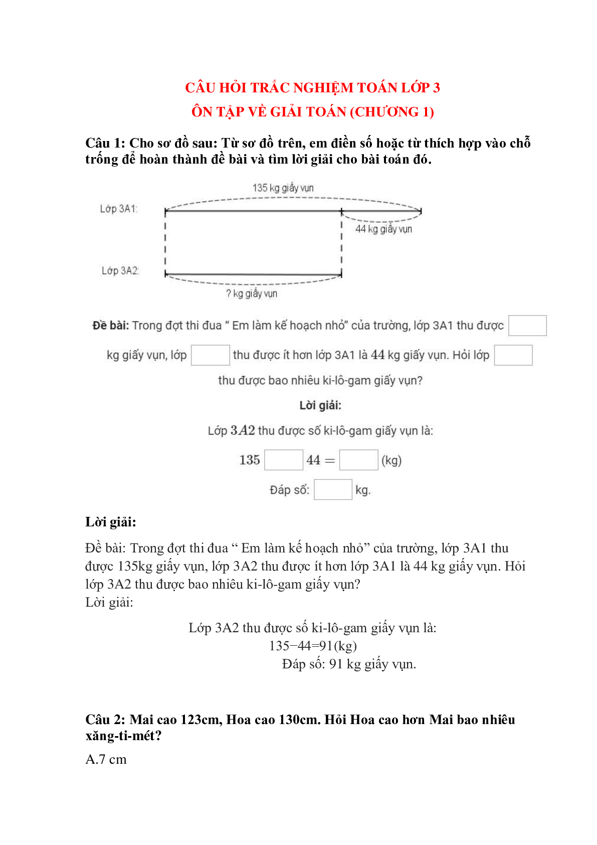 Trắc nghiệm Ôn tập về giải toán có đáp án – Toán lớp 3 (trang 1)