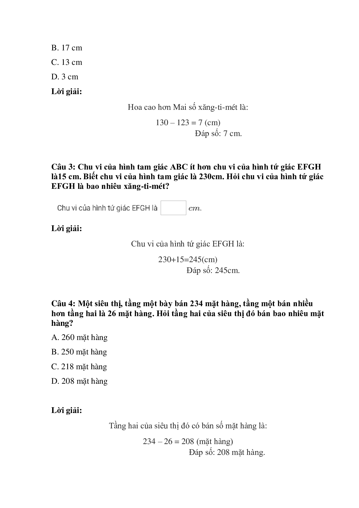 Trắc nghiệm Ôn tập về giải toán có đáp án – Toán lớp 3 (trang 2)
