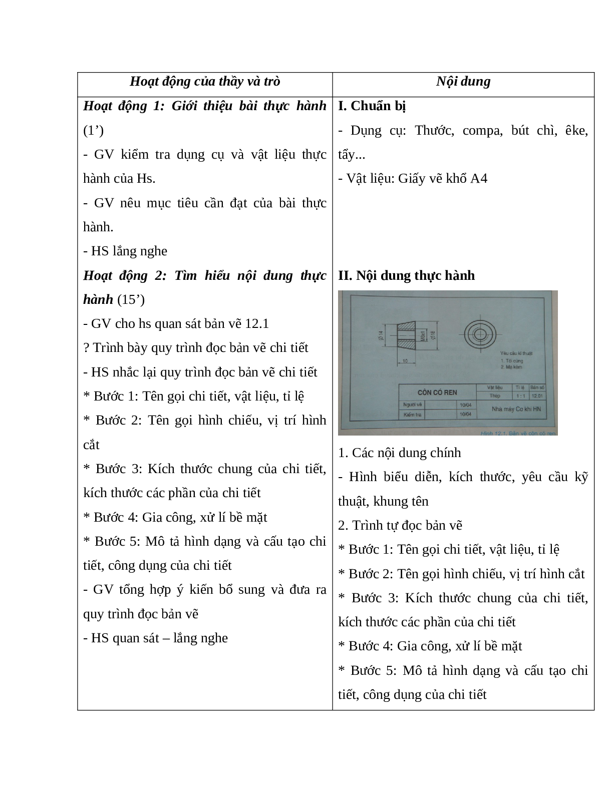 Giáo án Công Nghệ 8 Bài 12: Thực hành đọc bản vẽ chi tiết đơn giản có hình cắt, có ren mới nhất - CV5555 (trang 2)