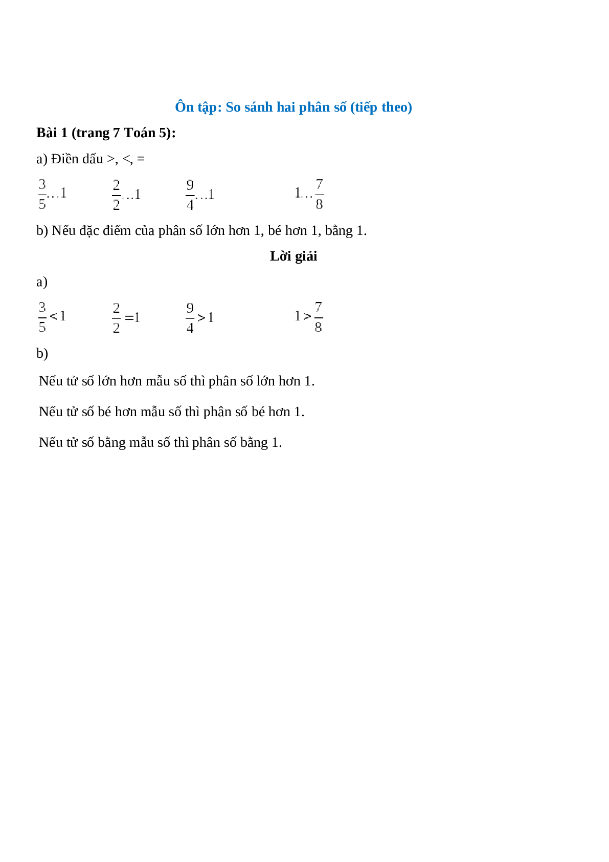 Điền dấu >, <, =: 3/5...1; 2/2...1; 9/4...1 (trang 1)