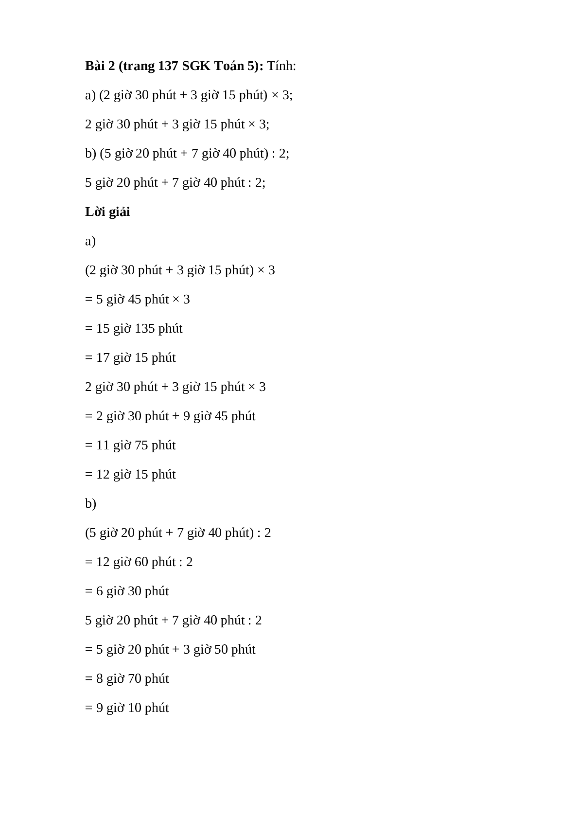 Tính 2 giờ 30 phút + 3 giờ 15 phút × 3 (trang 1)