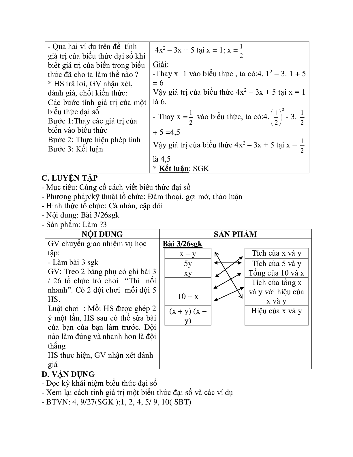 Giáo án Toán học 7 bài 1,2: Khái niệm về biểu thức đại số - Giá trị của một biểu thức đại số chuẩn nhất (trang 3)