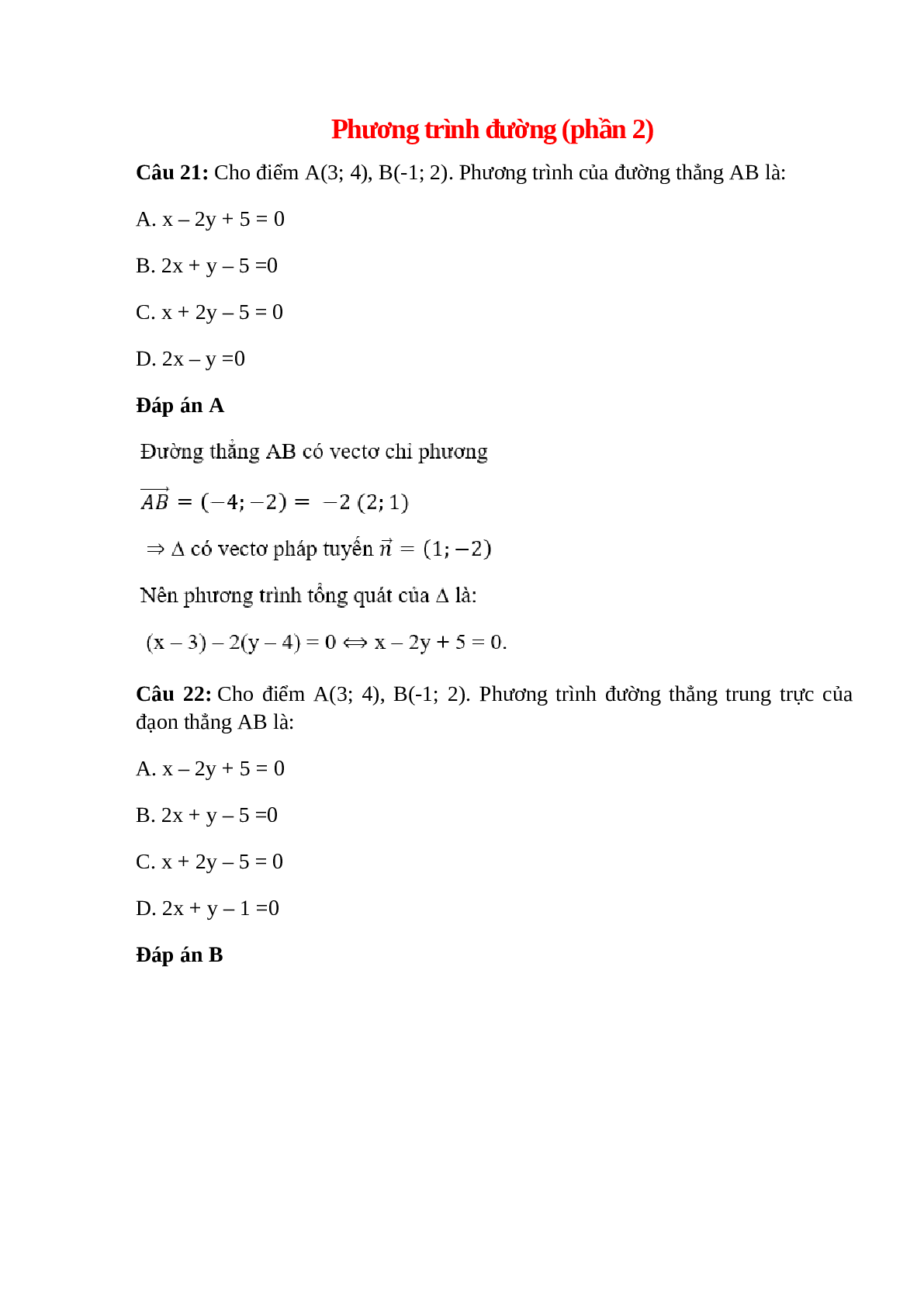 Trắc nghiệm Phương trình đường thẳng (phần 2) có đáp án – Toán lớp 10 (trang 1)