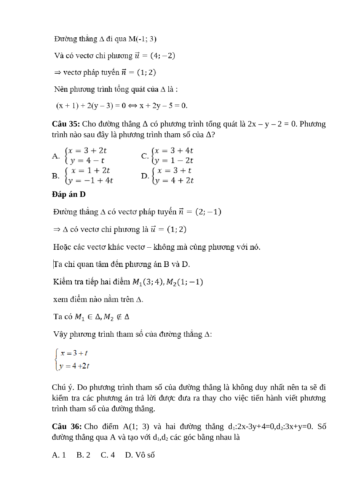 Trắc nghiệm Phương trình đường thẳng (phần 2) có đáp án – Toán lớp 10 (trang 10)
