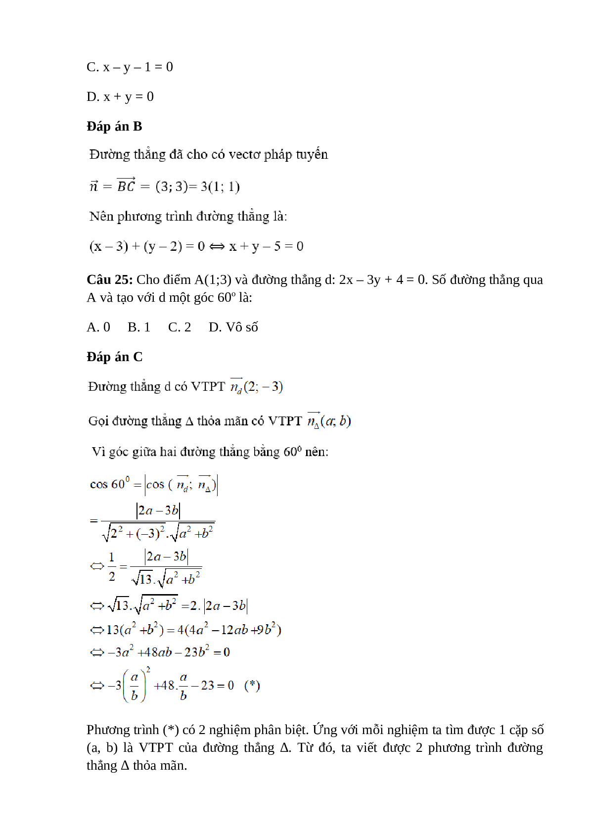 Trắc nghiệm Phương trình đường thẳng (phần 2) có đáp án – Toán lớp 10 (trang 3)