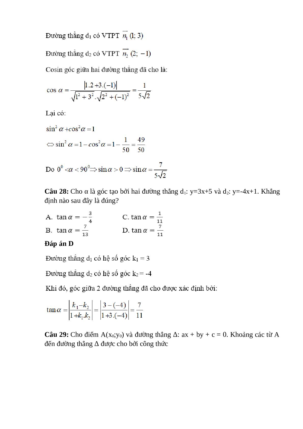 Trắc nghiệm Phương trình đường thẳng (phần 2) có đáp án – Toán lớp 10 (trang 6)