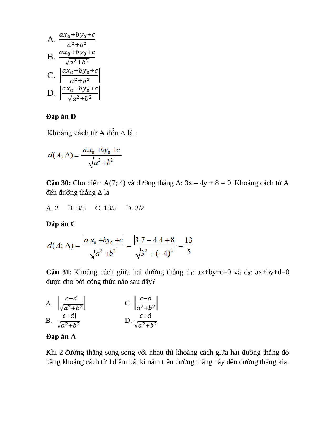Trắc nghiệm Phương trình đường thẳng (phần 2) có đáp án – Toán lớp 10 (trang 7)