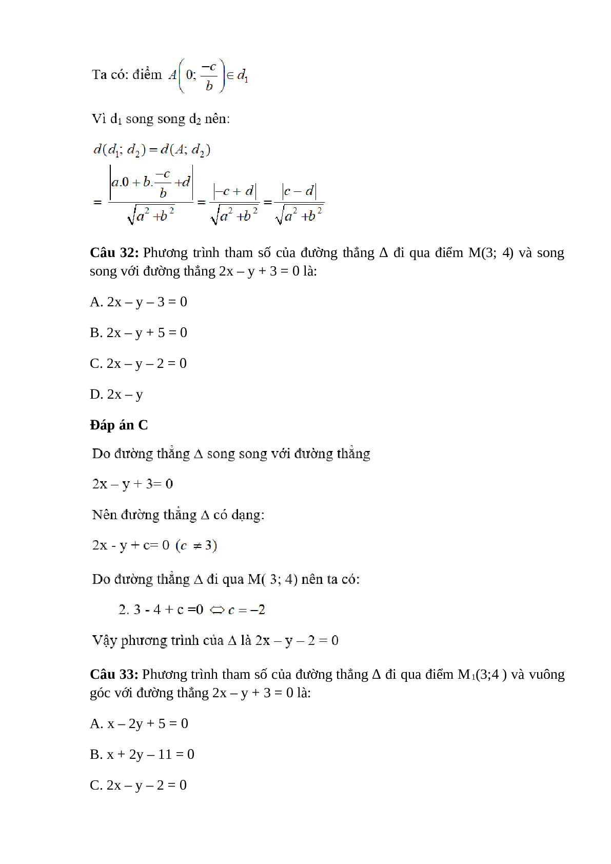 Trắc nghiệm Phương trình đường thẳng (phần 2) có đáp án – Toán lớp 10 (trang 8)