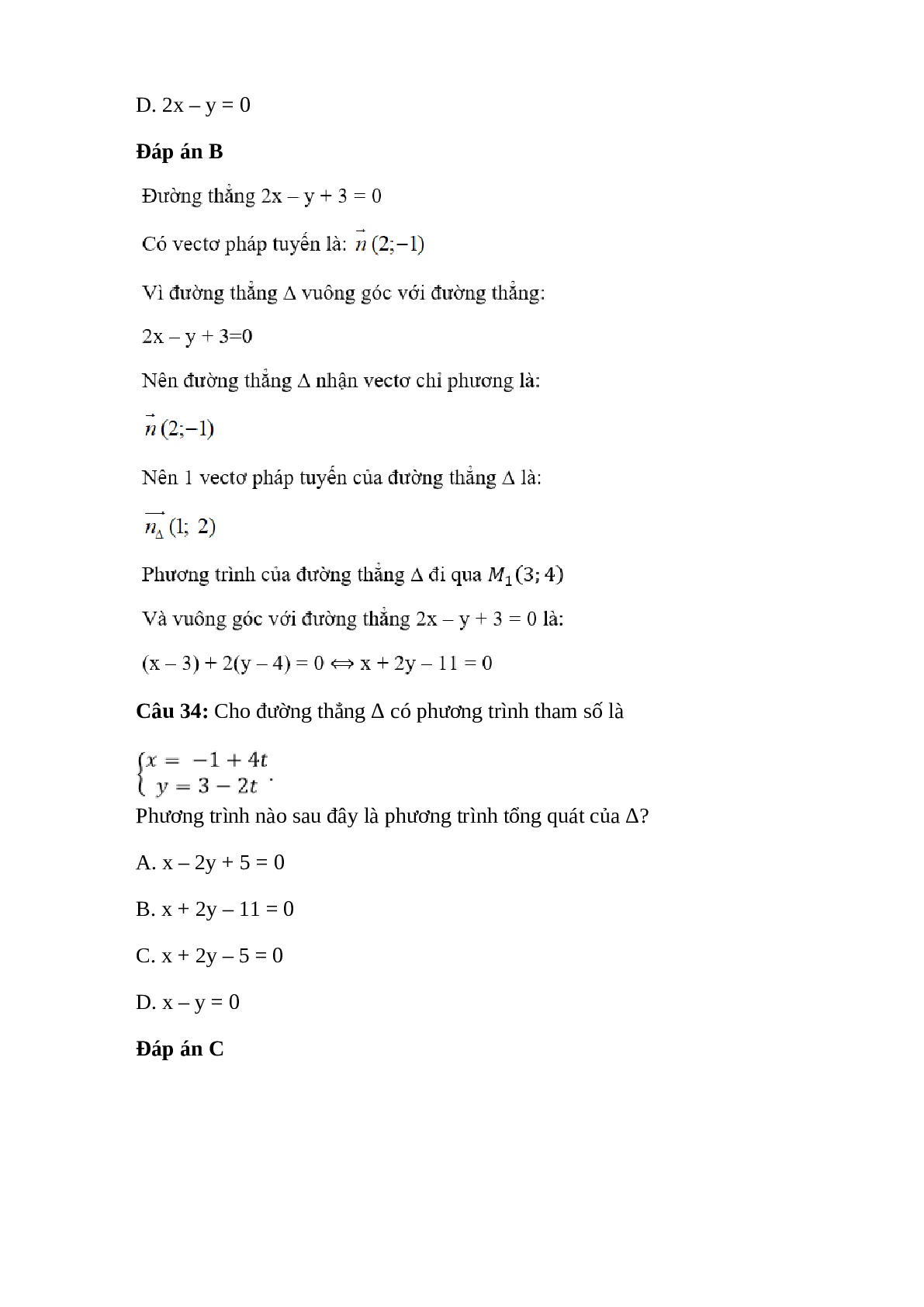 Trắc nghiệm Phương trình đường thẳng (phần 2) có đáp án – Toán lớp 10 (trang 9)