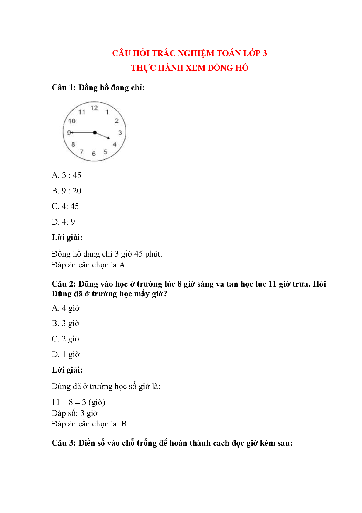Trắc nghiệm Thực hành xem đồng hồ có đáp án – Toán lớp 3 (trang 1)