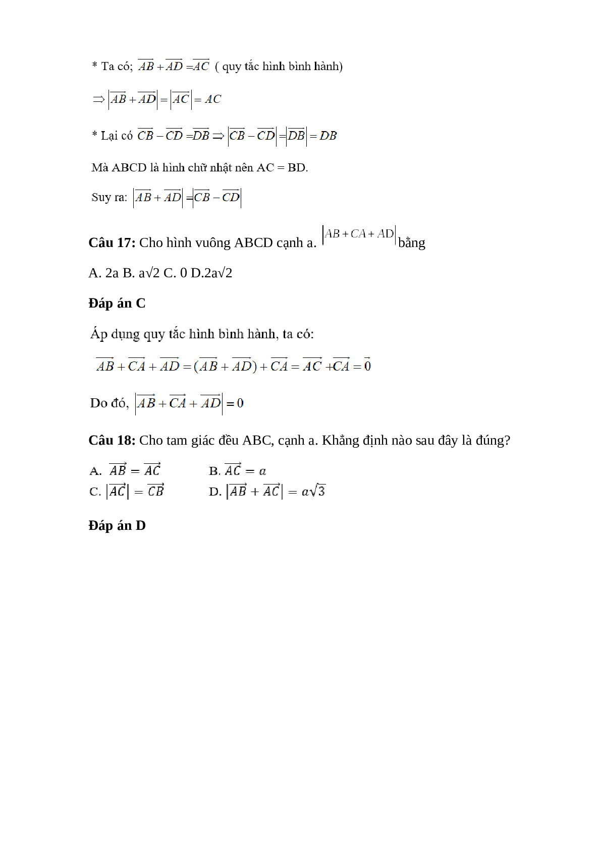 Trắc nghiệm Tổng và hiệu của hai vectơ (phần 2) có đáp án – Toán lớp 10 (trang 3)